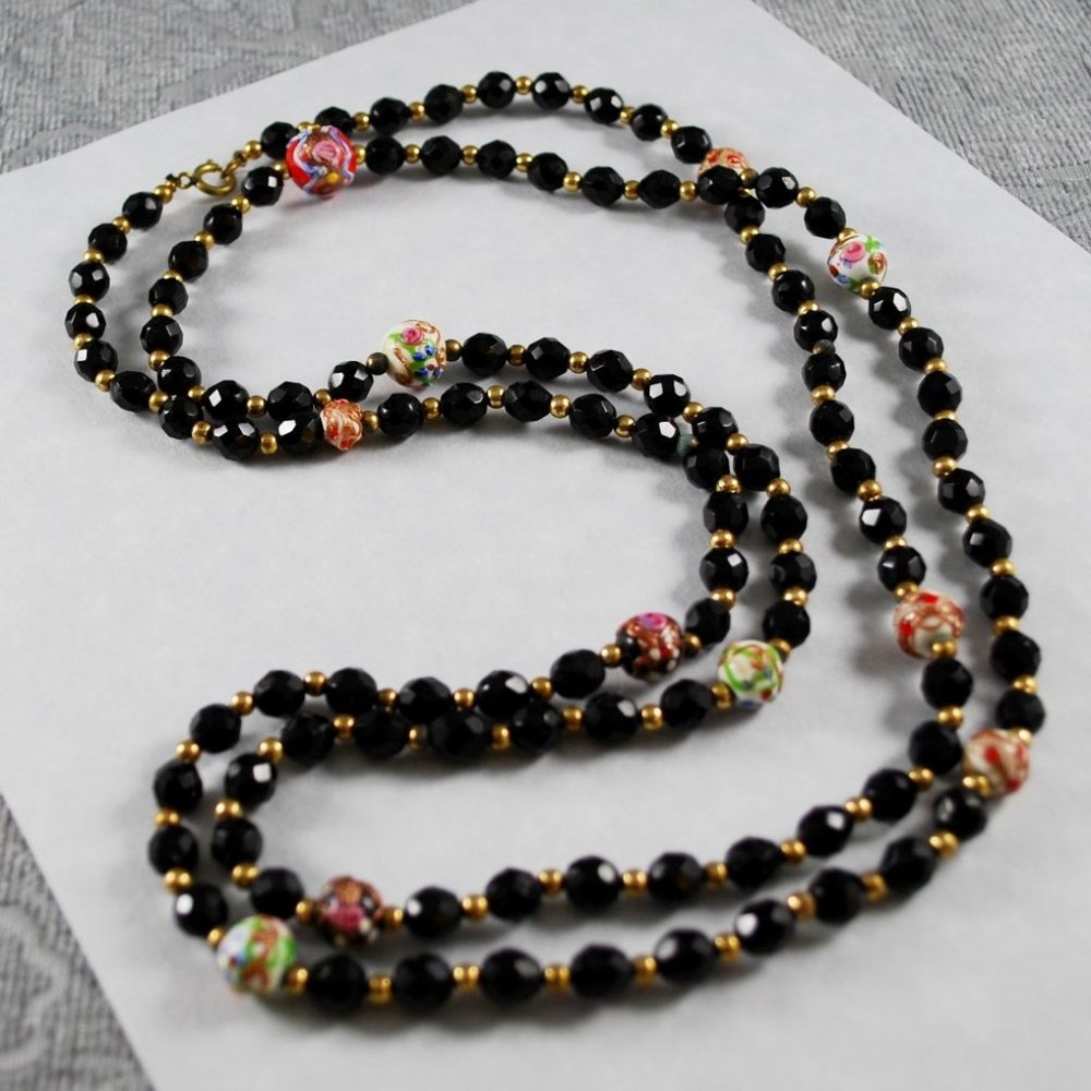 Vintage Black Glass and Hand Painted Art Beads Long Necklace